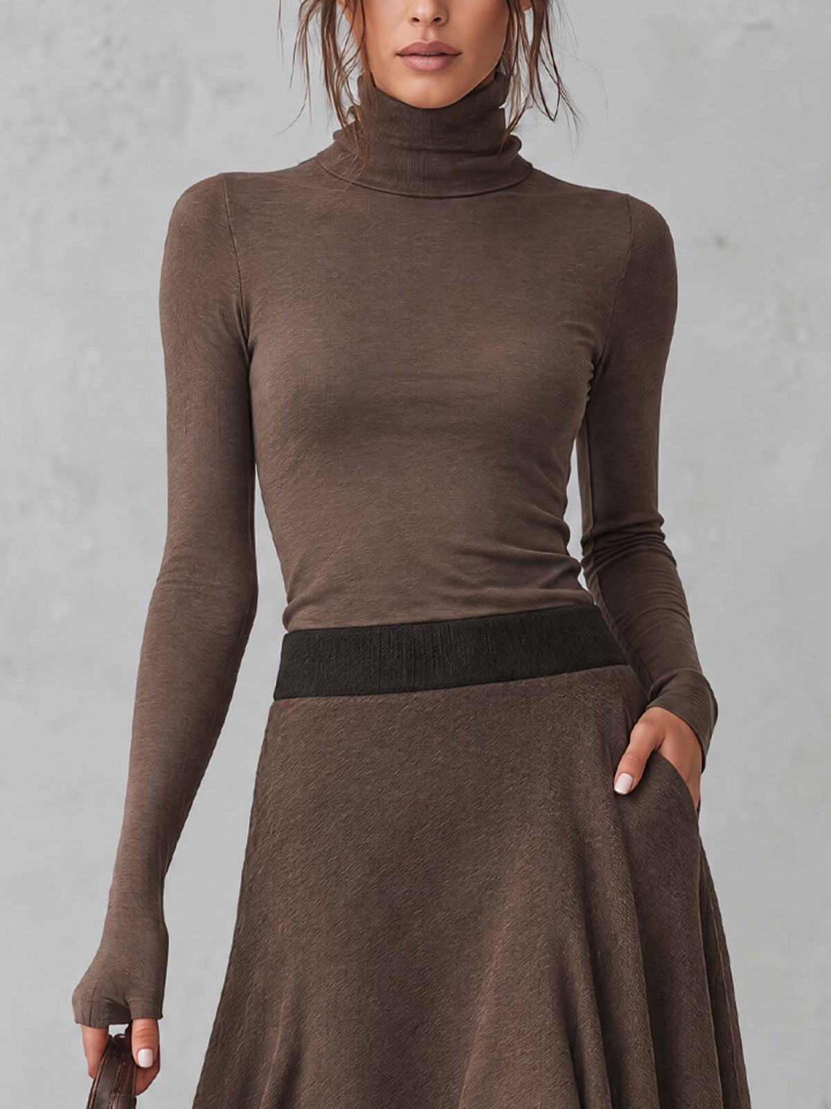 Chocolate Brown Turtleneck Tee And Color Block Wool-Blend Asymmetric Midi Skirt Set