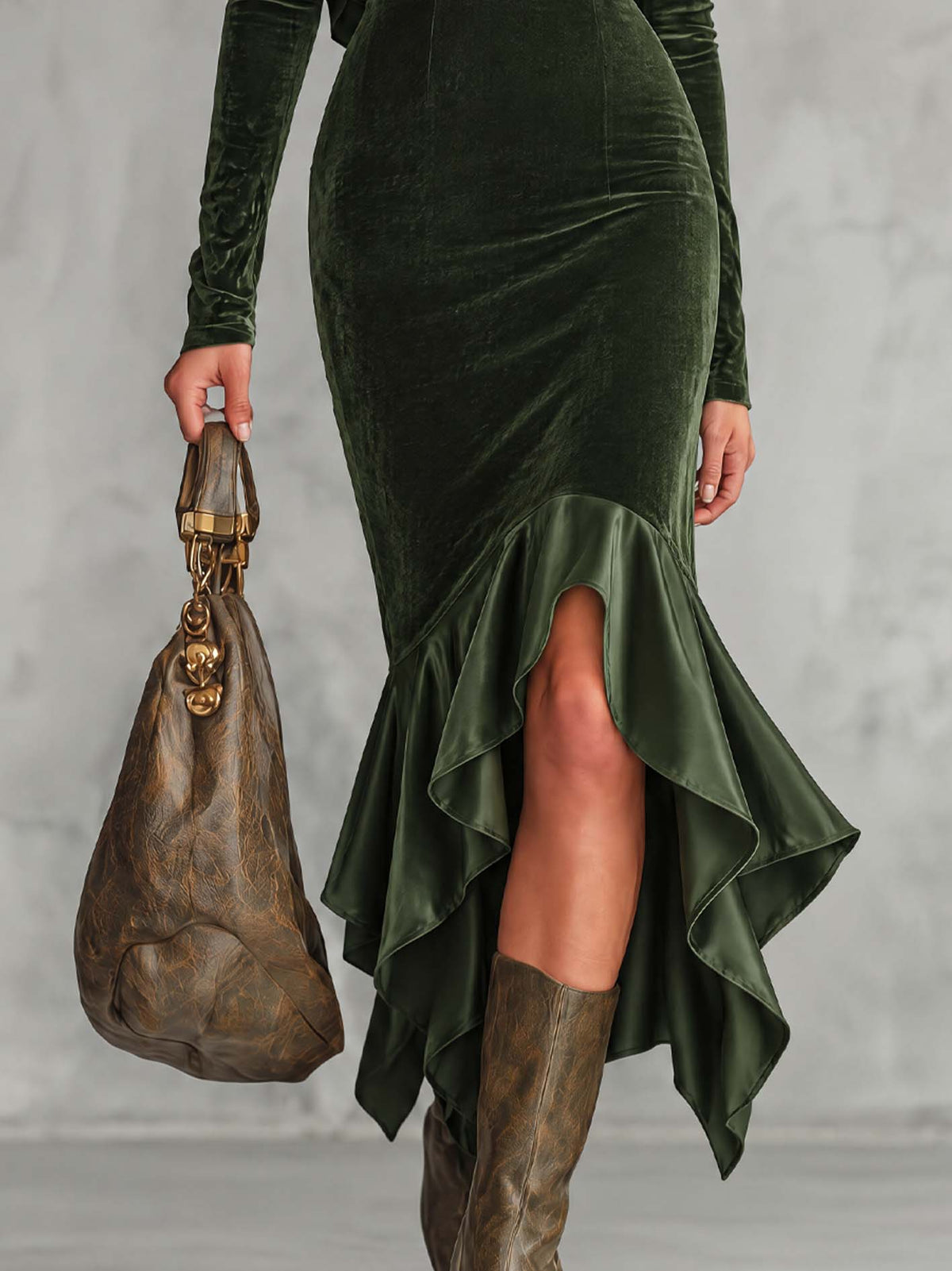 Deep Green Velvet Bodycon Maxi Dress With Satin Cape Panel And Ruffled Hem