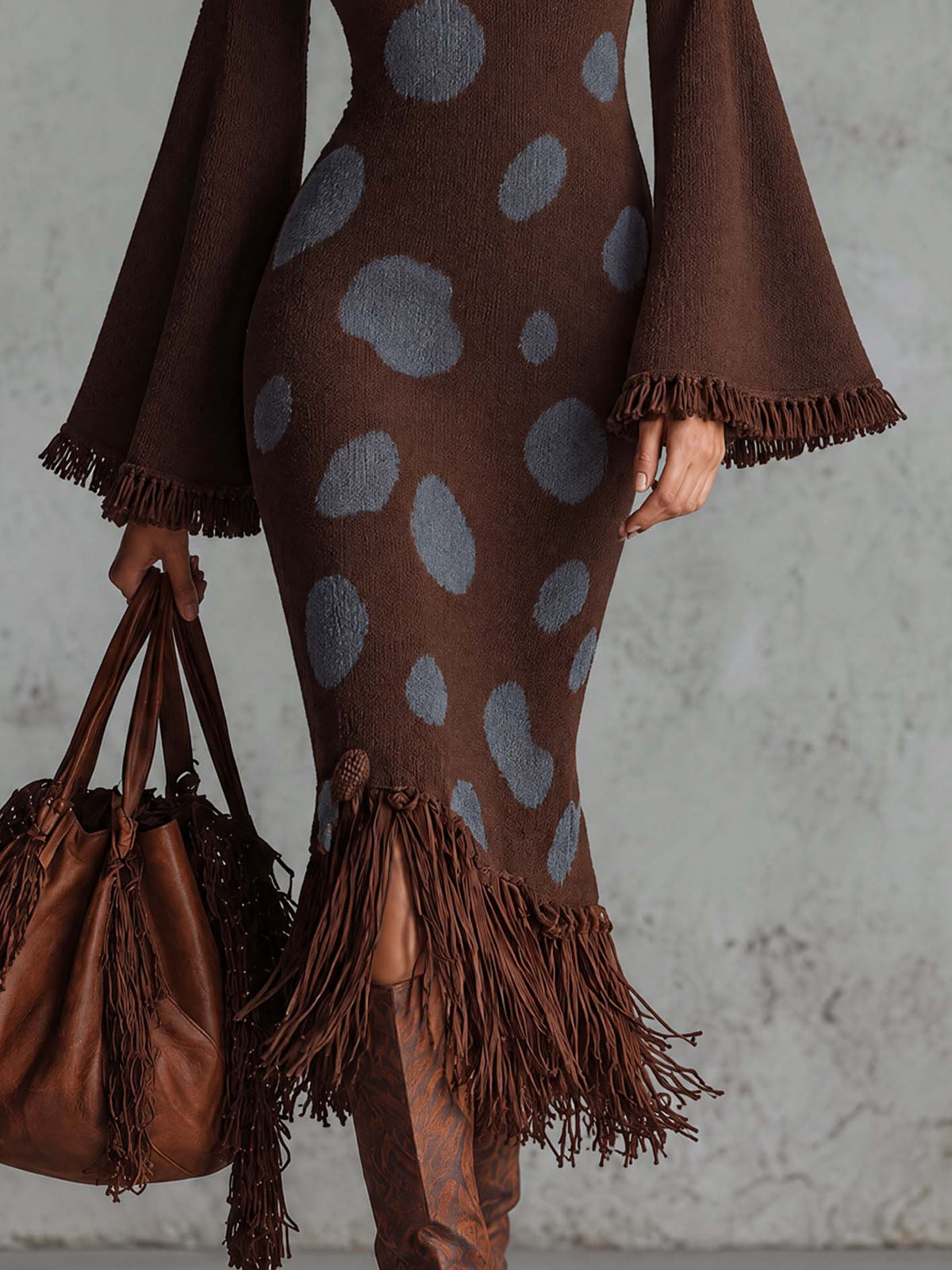 Brown Polka Dot Knit Bodycon Midi Dress With Faux Suede Fringe Trim