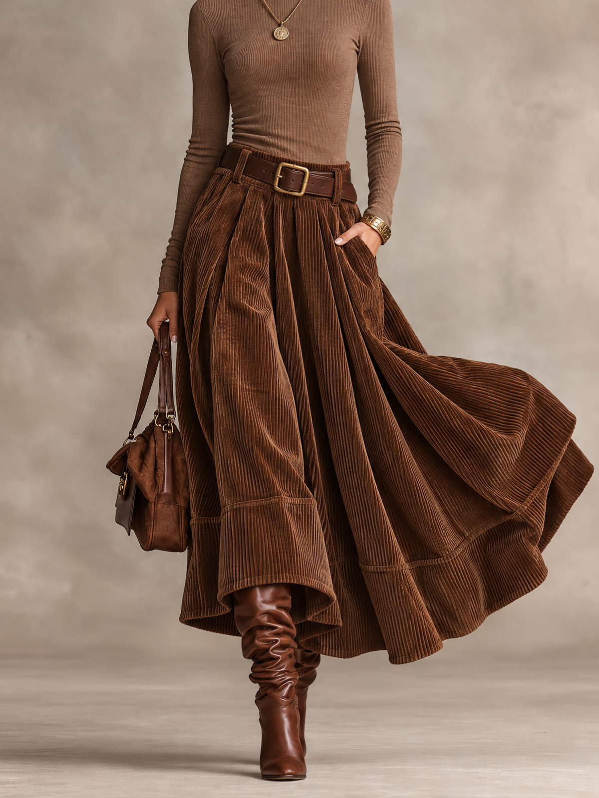 Brown Rib Turtleneck And Wide Wale Corduroy Maxi Skirt Set