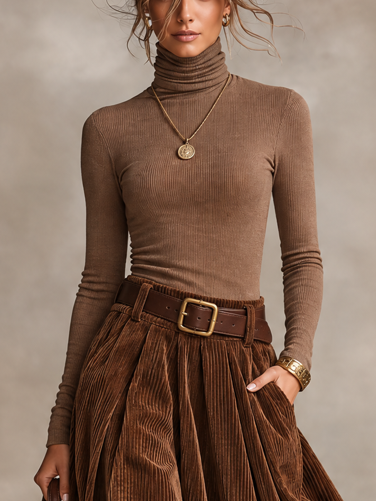 Brown Rib Turtleneck And Wide Wale Corduroy Maxi Skirt Set