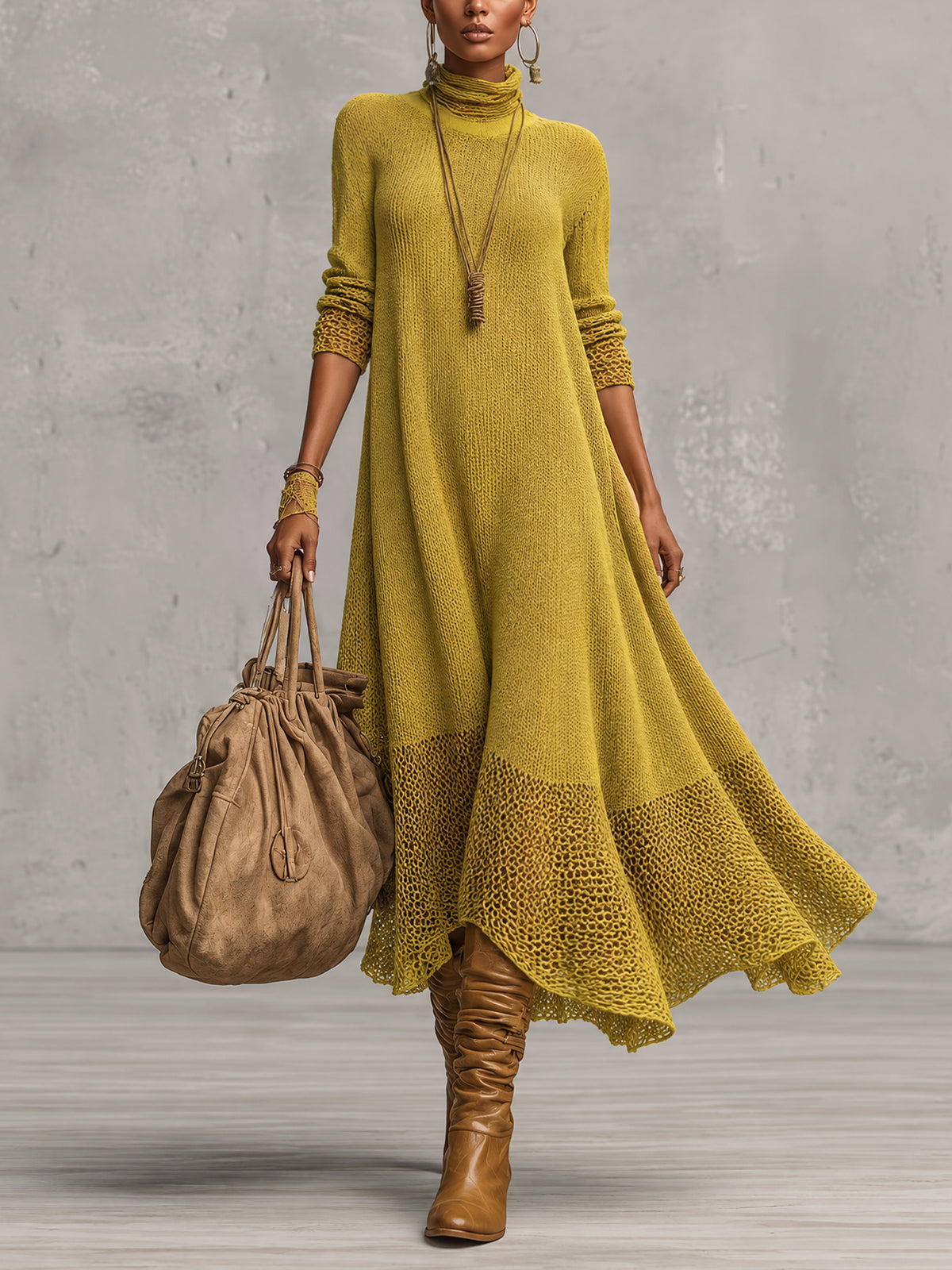 Mustard Yellow Oversized Turtleneck Open Knit Panel Long Sleeve Midi Dress