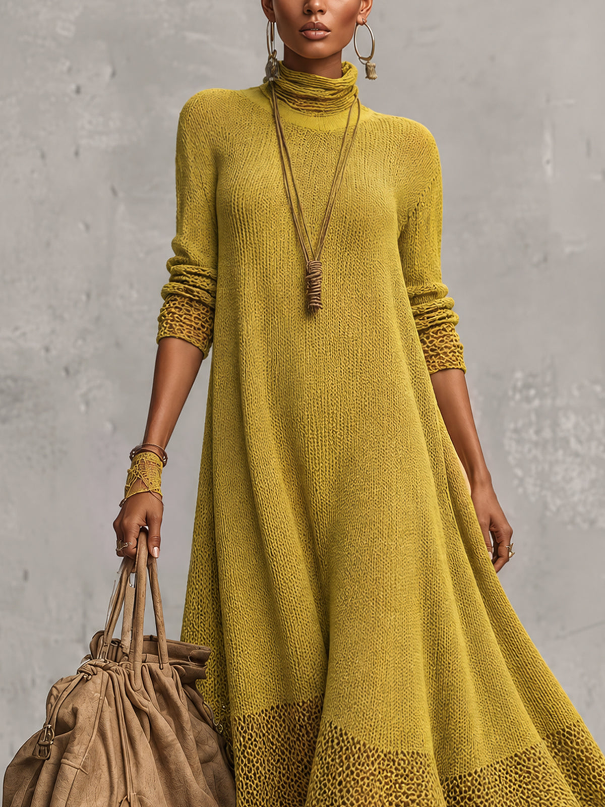 Mustard Yellow Oversized Turtleneck Open Knit Panel Long Sleeve Midi Dress
