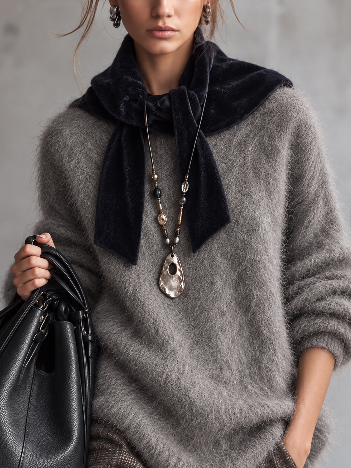 Gray Brushed Wool Blend Oversized Sweater With Navy Velvet Tie Collar