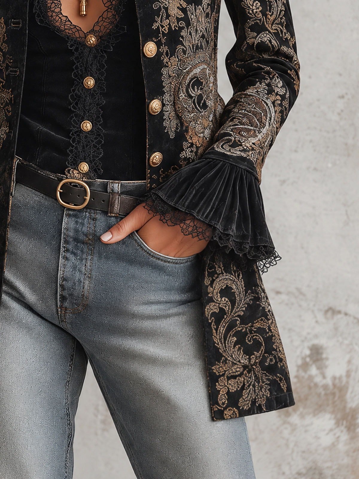 Black Velvet Vintage Baroque Print Stand Collar Longline Blazer