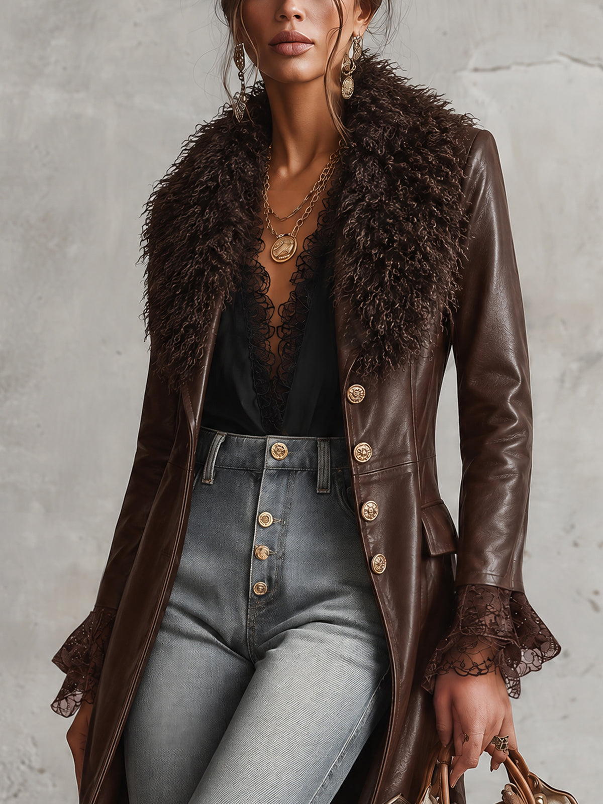 Chocolate Brown Faux Leather Longline Coat With Detachable Faux Fur Collar
