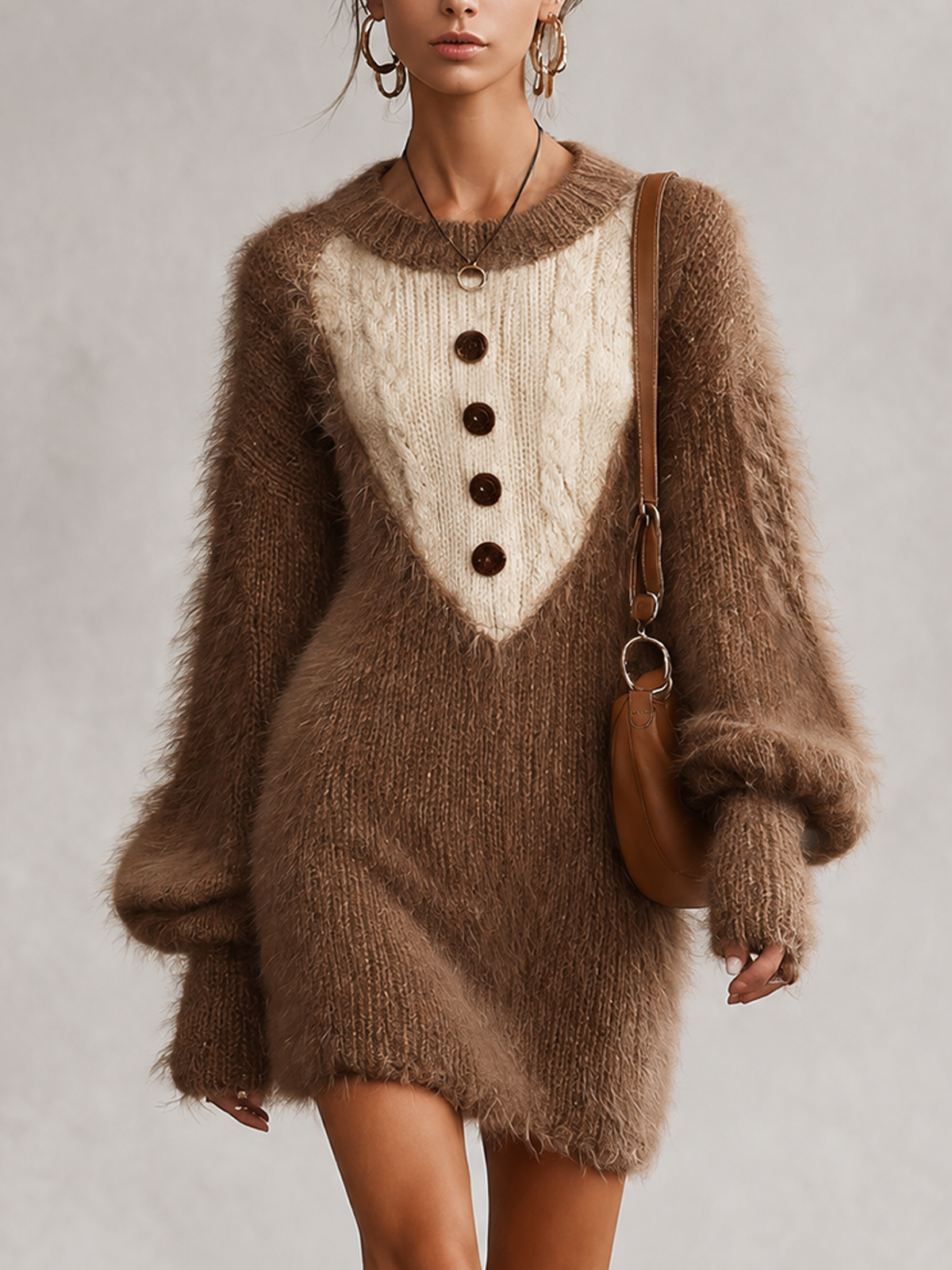Brown Fuzzy Color Block Cable Knit Mini Sweater Dress