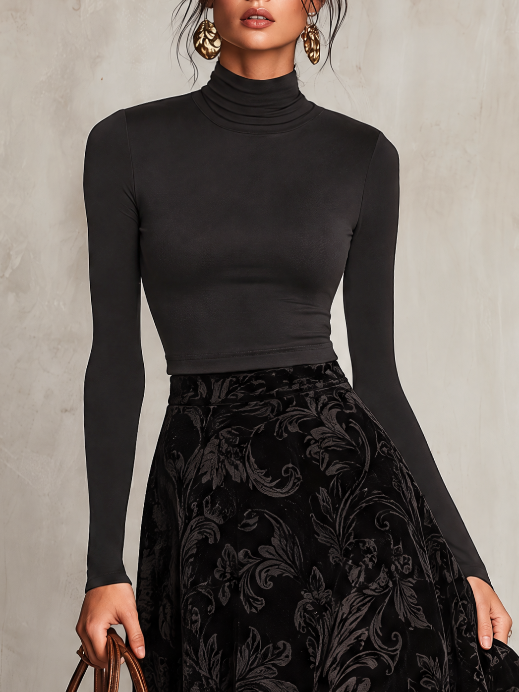 Black Fitted Turtleneck Top And Burnout Velvet Midi Skirt Two-Piece Set