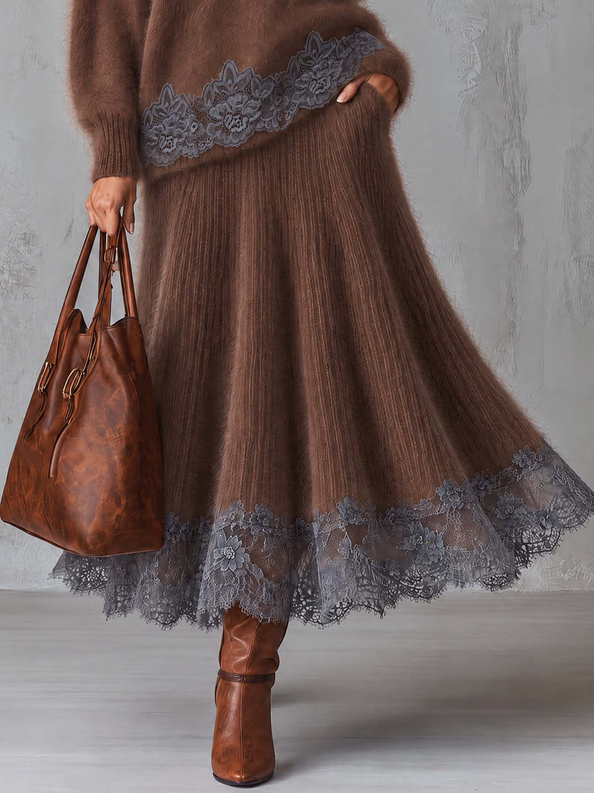 Brown Fuzzy Mohair Sweater And Pleated Maxi Skirt Set With Lace Trim
