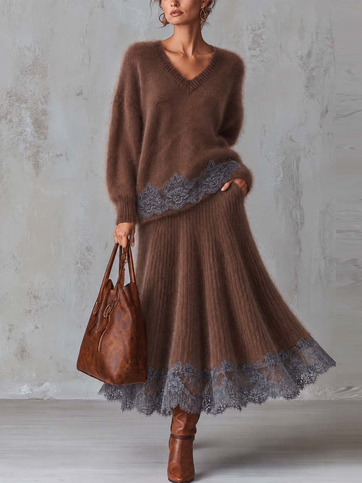 Brown Fuzzy Mohair Sweater And Pleated Maxi Skirt Set With Lace Trim
