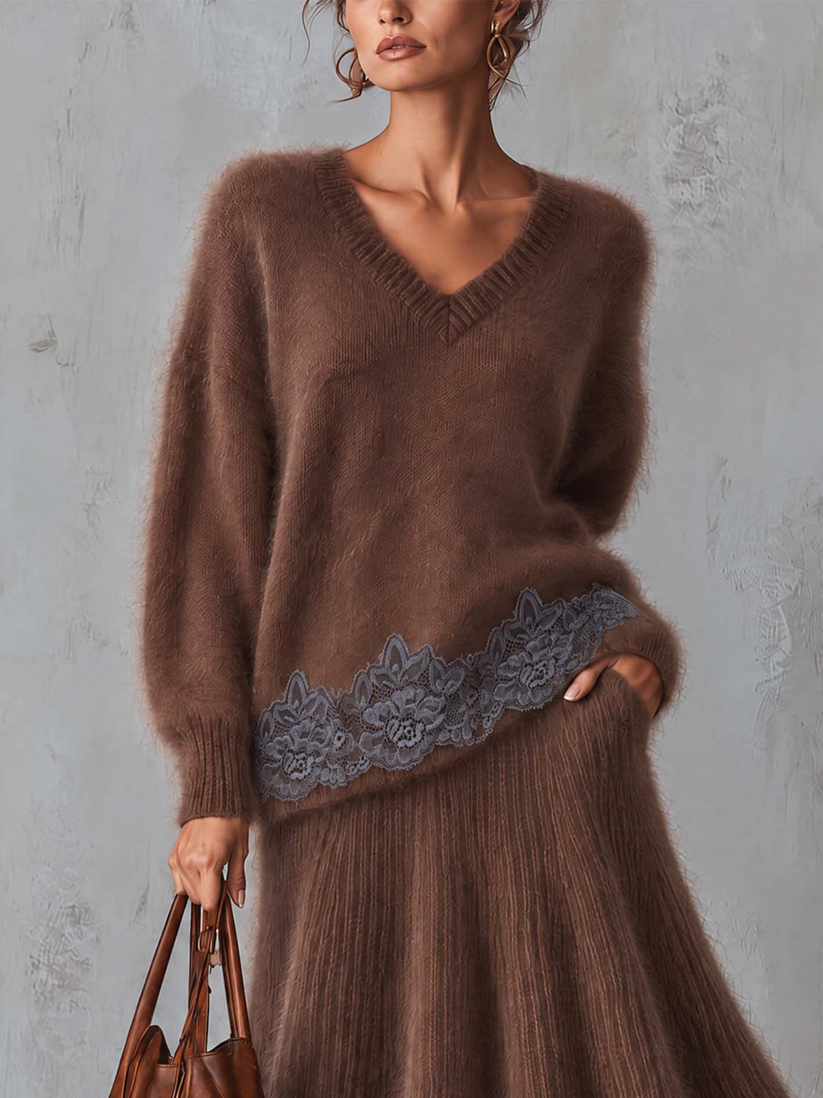Brown Fuzzy Mohair Sweater And Pleated Maxi Skirt Set With Lace Trim