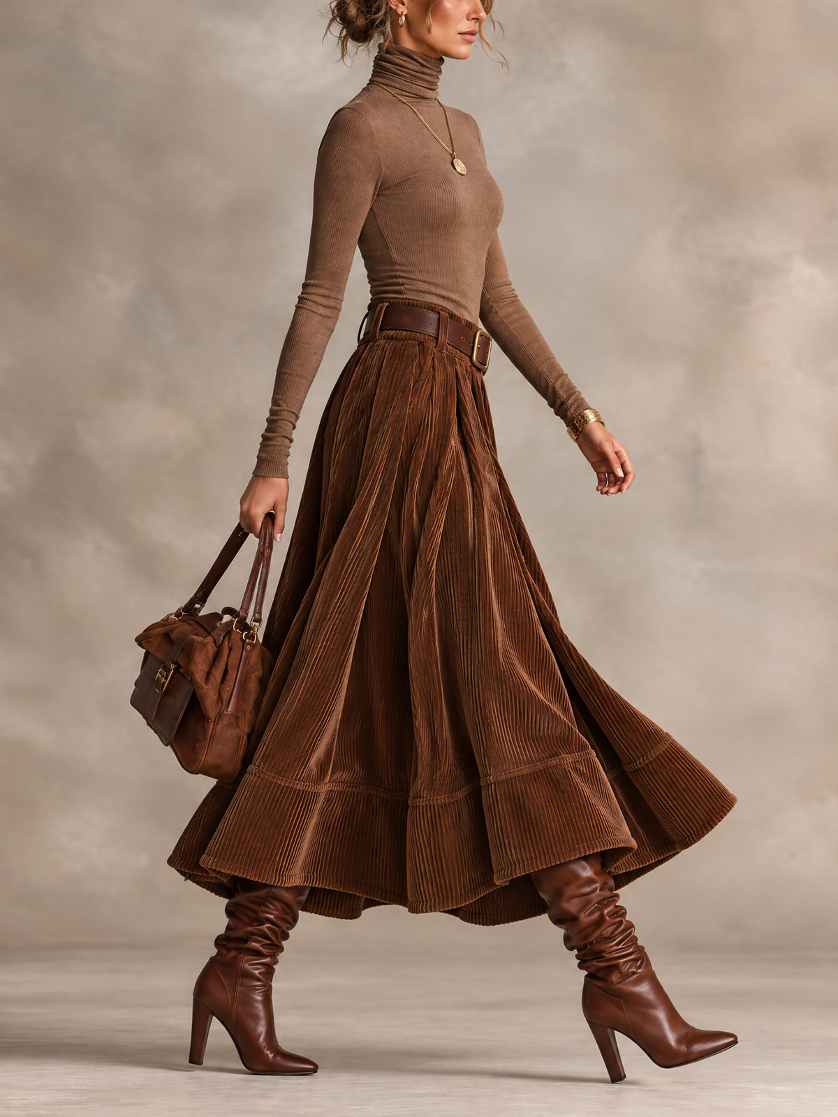 Brown Rib Turtleneck And Wide Wale Corduroy Maxi Skirt Set