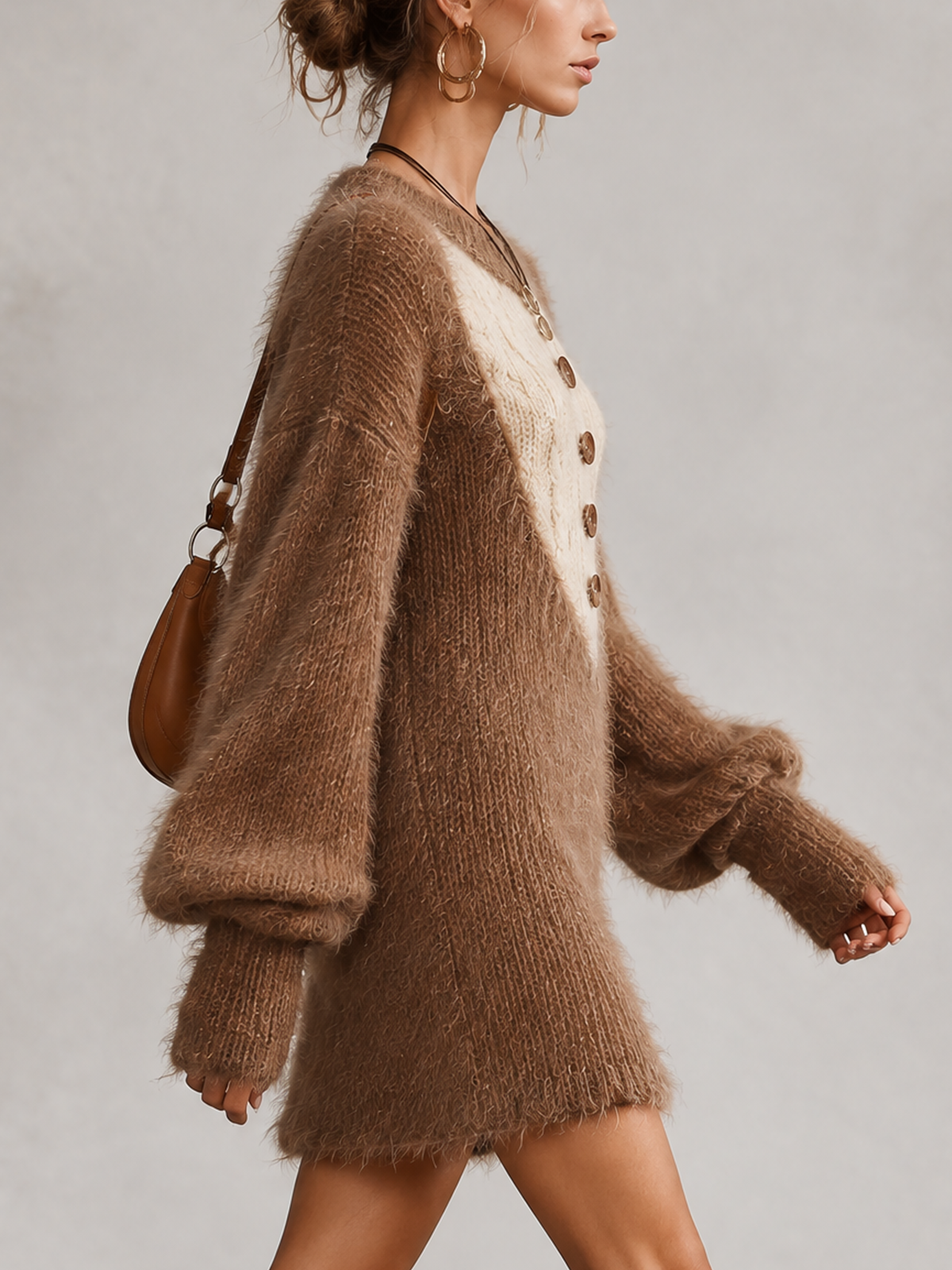 Brown Fuzzy Color Block Cable Knit Mini Sweater Dress