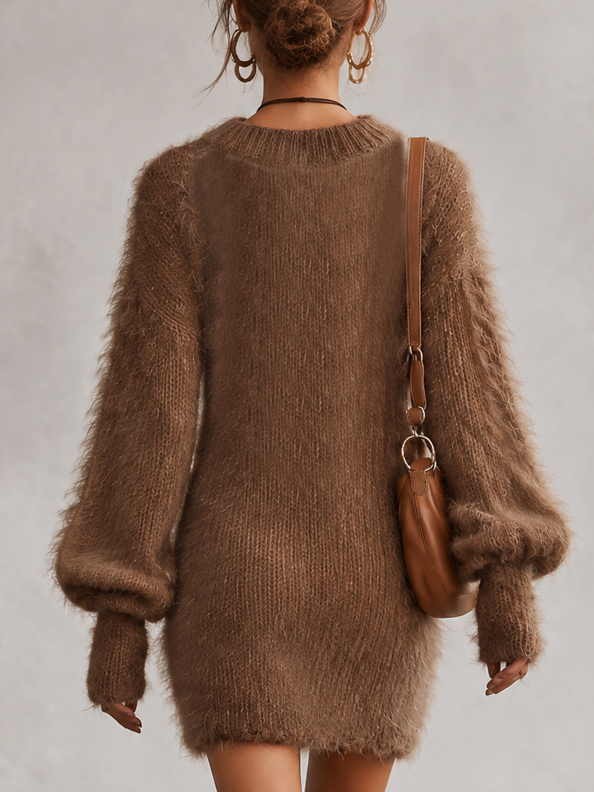 Brown Fuzzy Color Block Cable Knit Mini Sweater Dress
