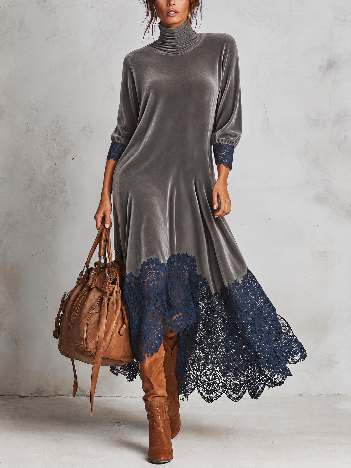 Grey Velvet Maxi Dress With Navy Blue Lace Patchwork