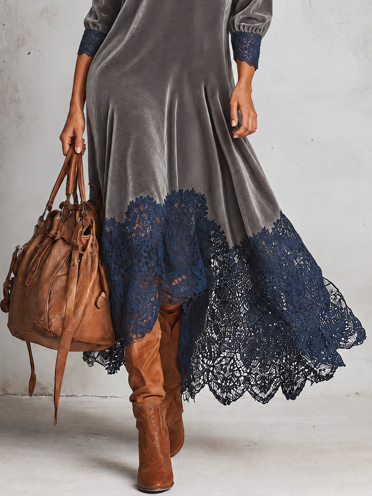 Grey Velvet Maxi Dress With Navy Blue Lace Patchwork