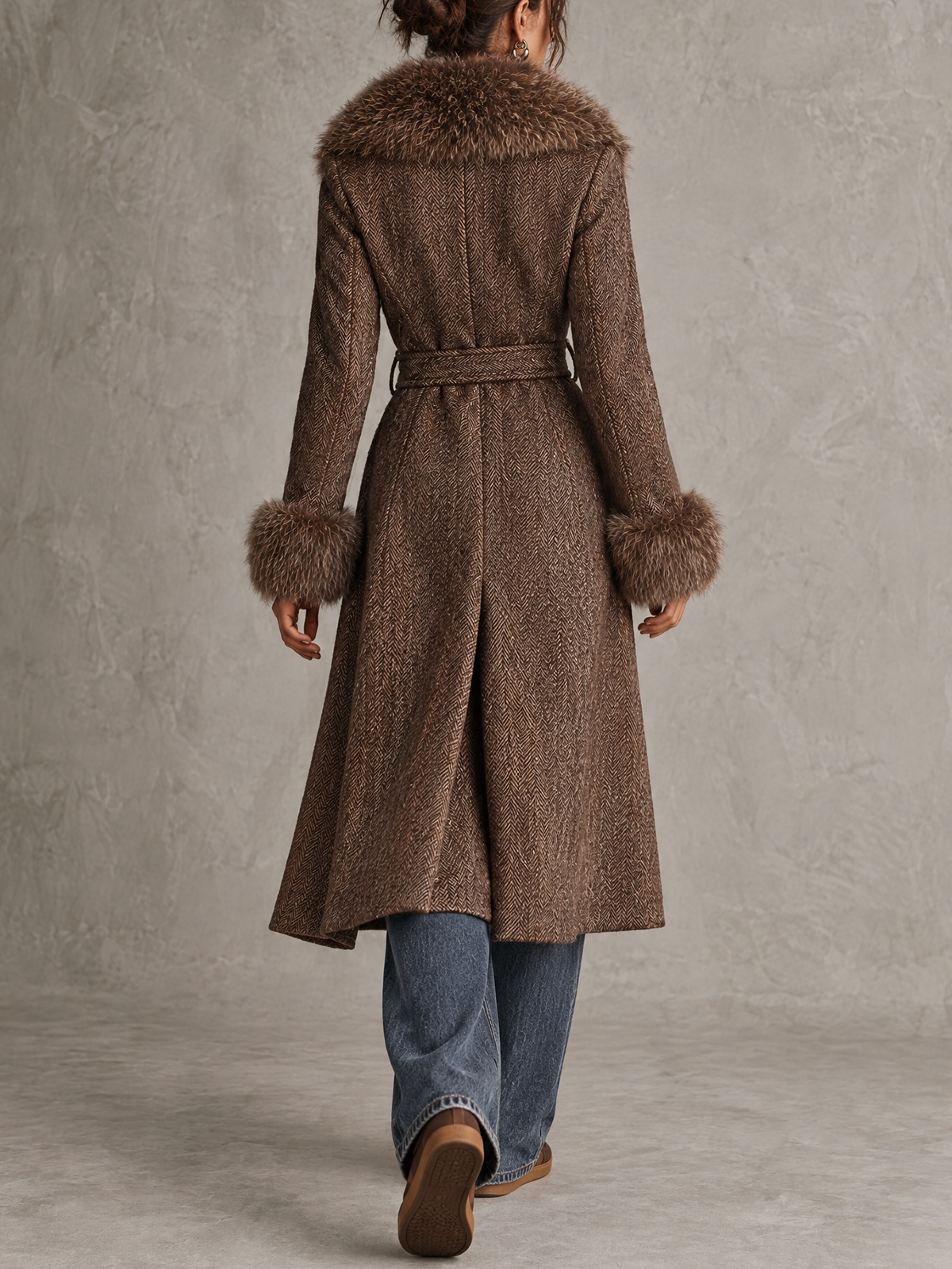 Brown Herringbone Wool Faux Fur Collar Belted Long Coat