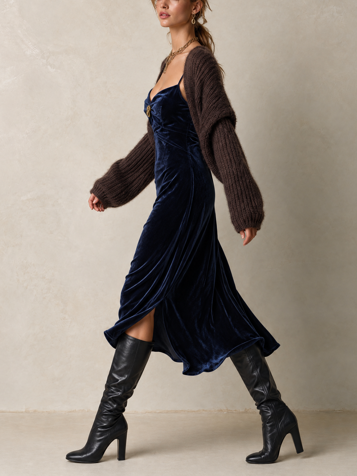 Navy Velvet Cami Midi Dress And Chunky Knit Shrug Set