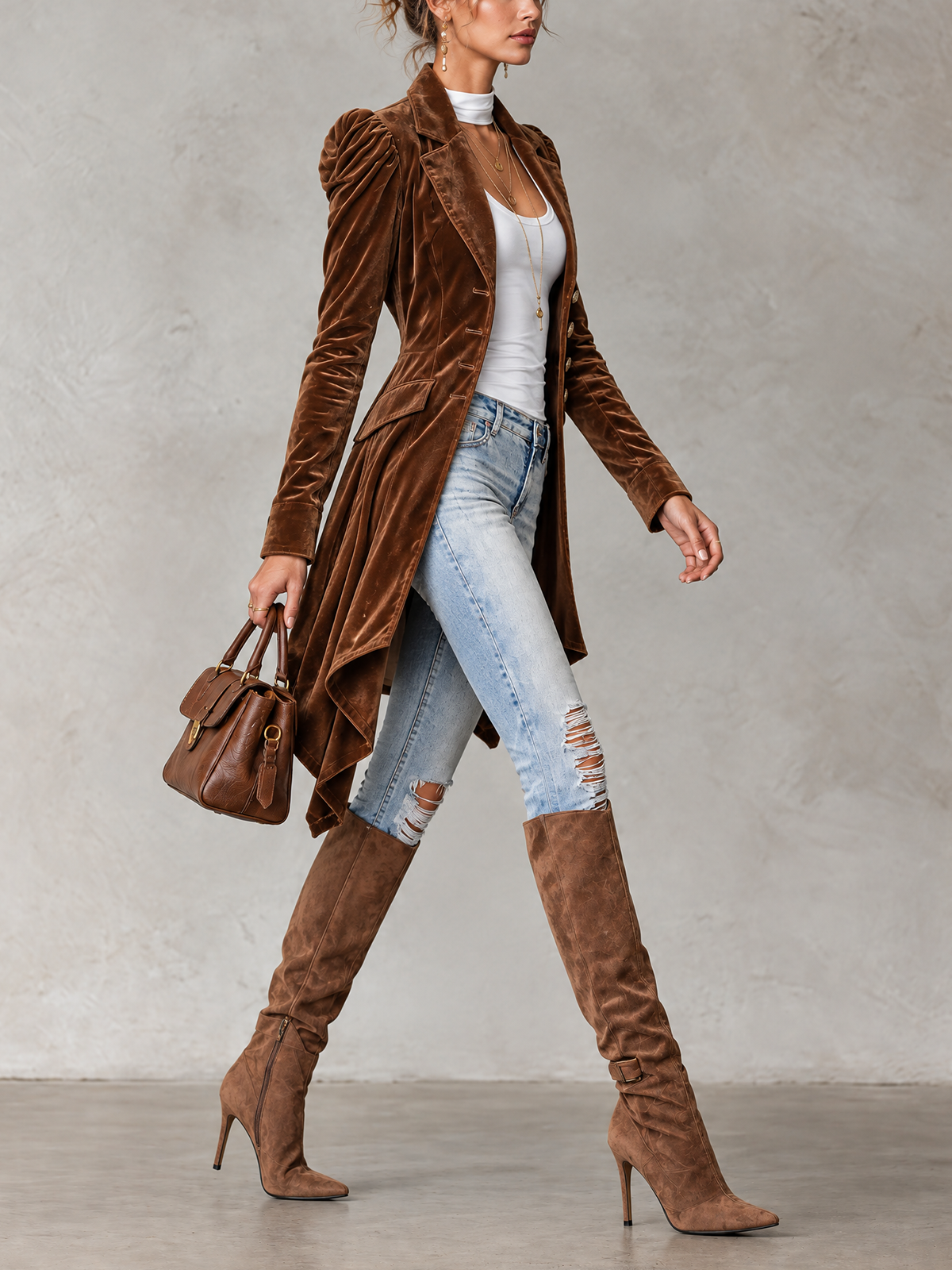 Brown Velvet Puff Shoulder Asymmetric Tailored Long Coat