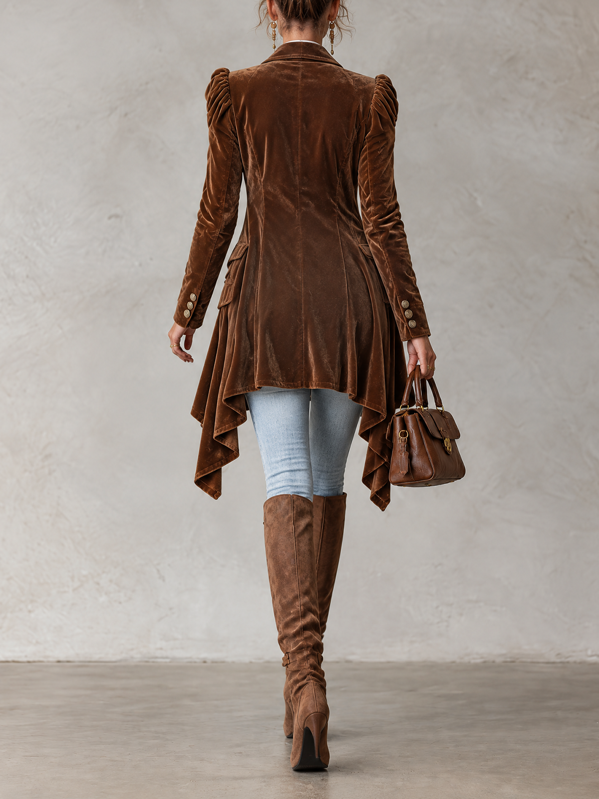 Brown Velvet Puff Shoulder Asymmetric Tailored Long Coat