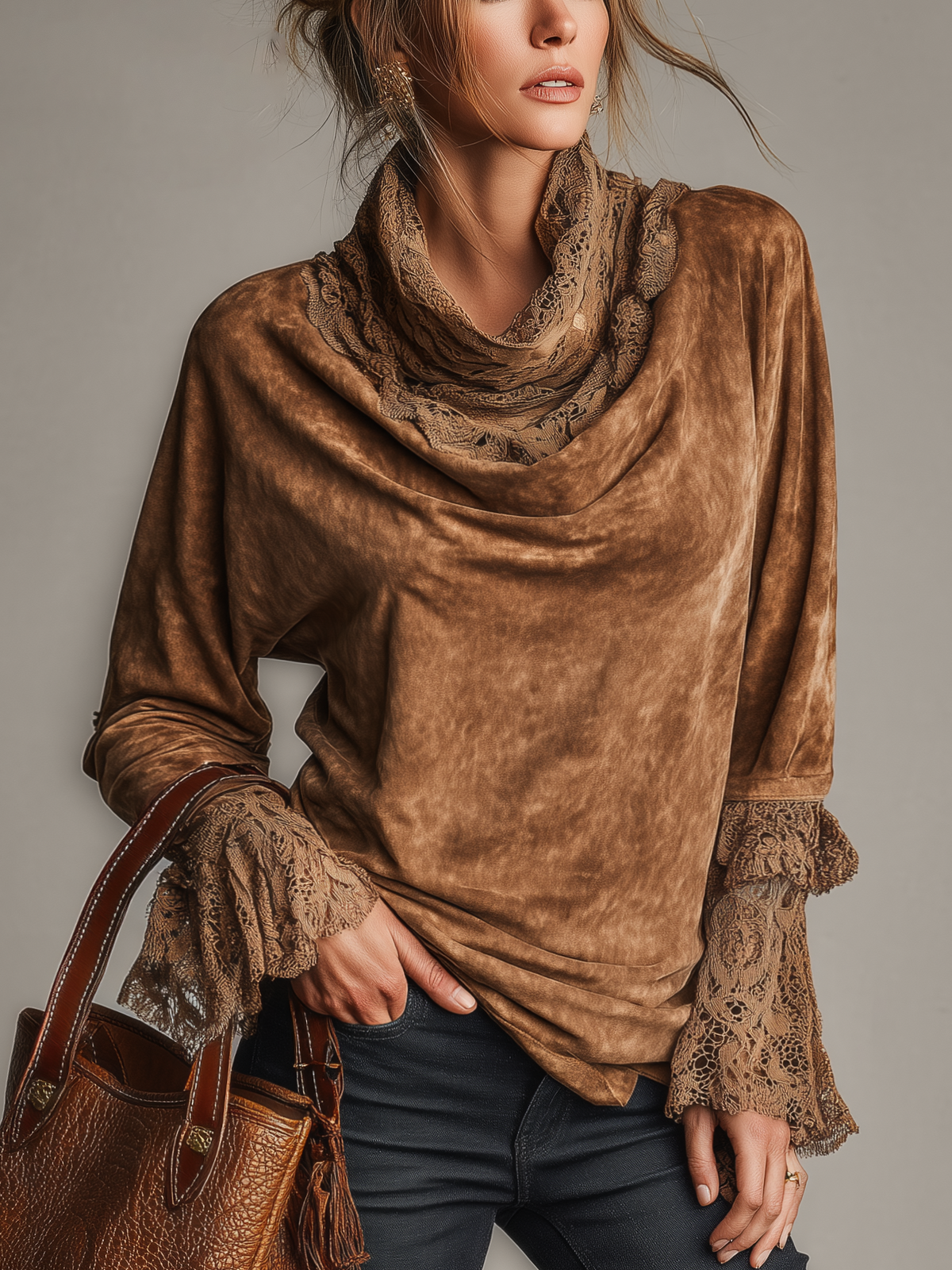 Brown Washed Faux Suede Cowl Neck Top With Lace Patchwork
