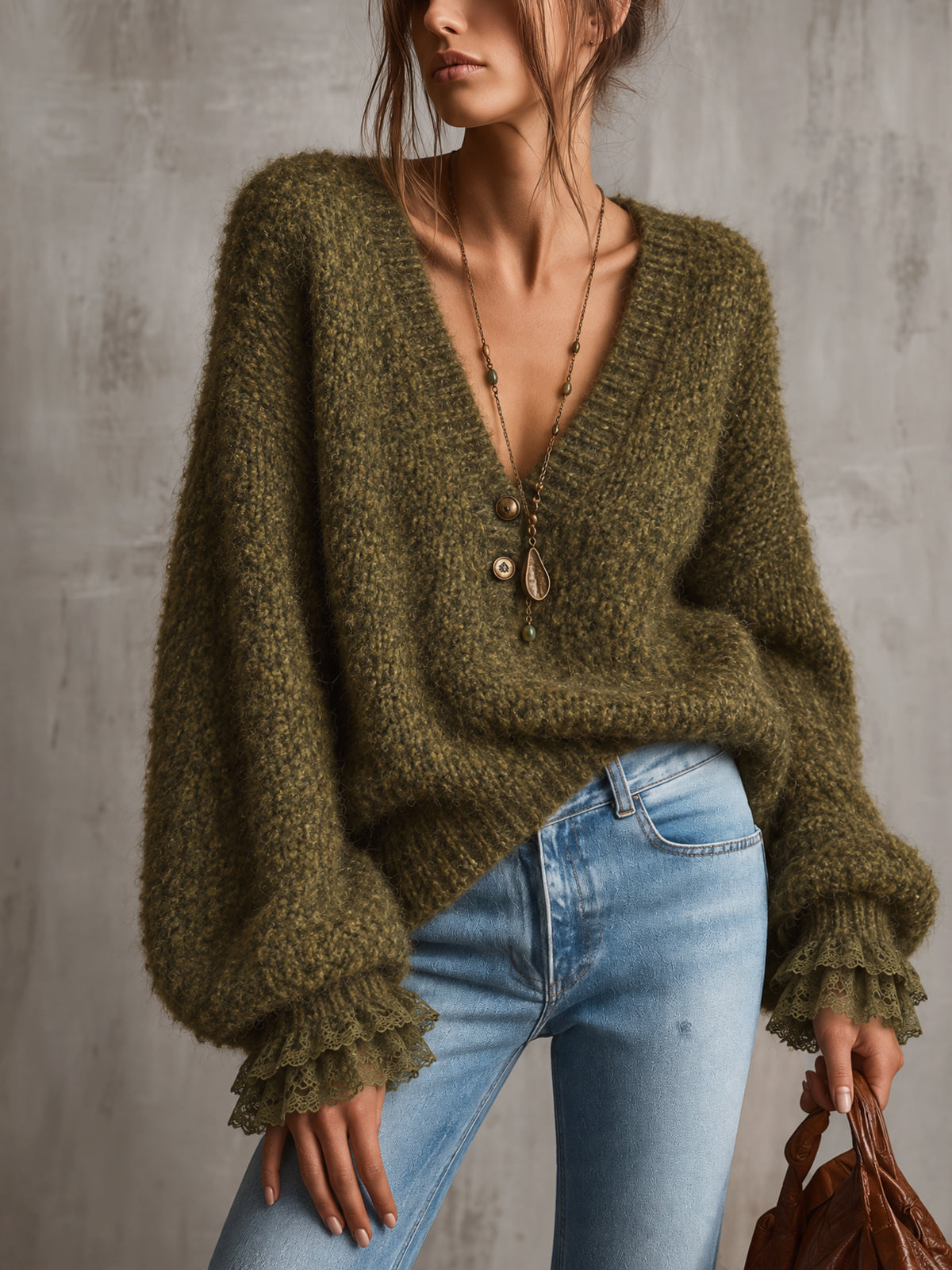 Olive Green Deep V-Neck Bouclé Knit Oversized Sweater With Lace Ruffle Cuffs