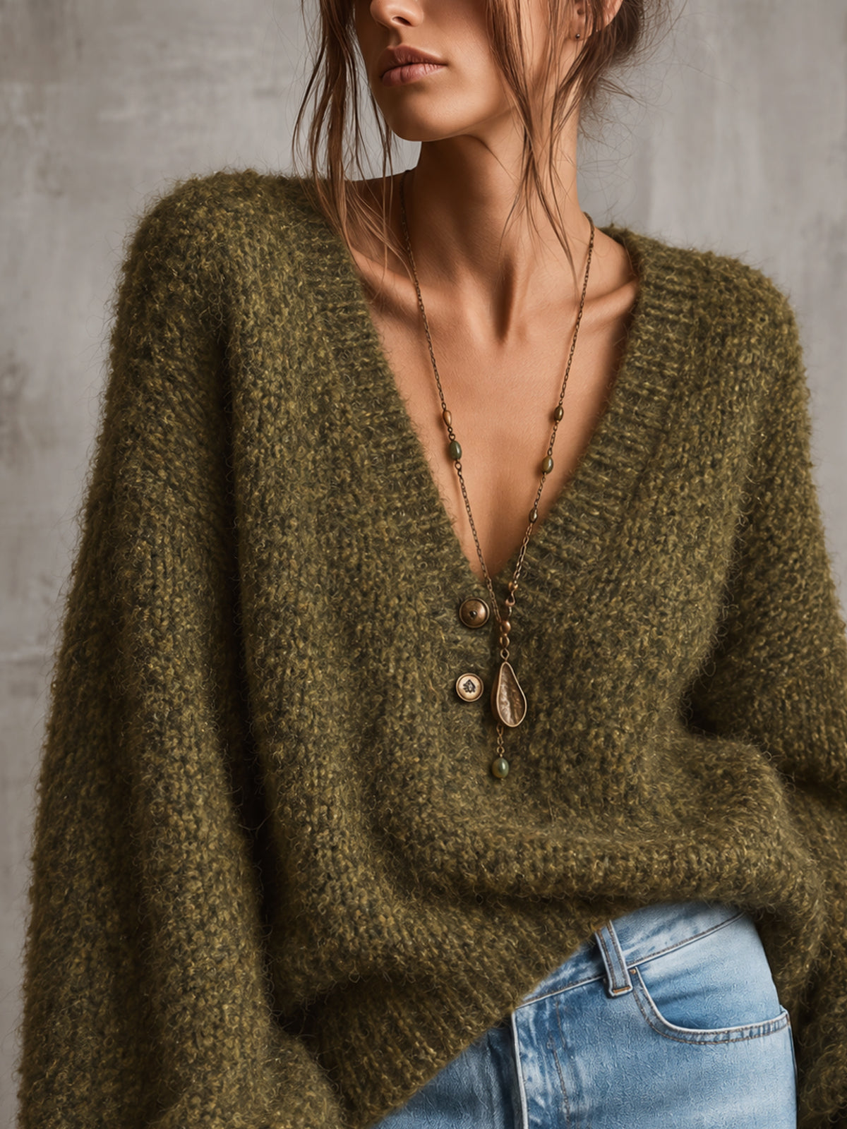 Olive Green Deep V-Neck Bouclé Knit Oversized Sweater With Lace Ruffle Cuffs