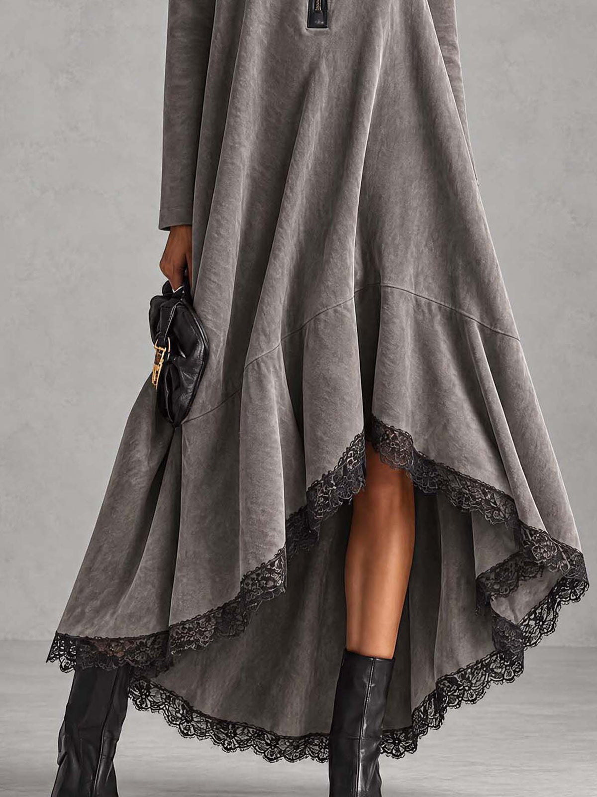 Pewter Gray Washed Faux Suede Maxi Dress With Half-Zip Stand Collar And Lace Hem
