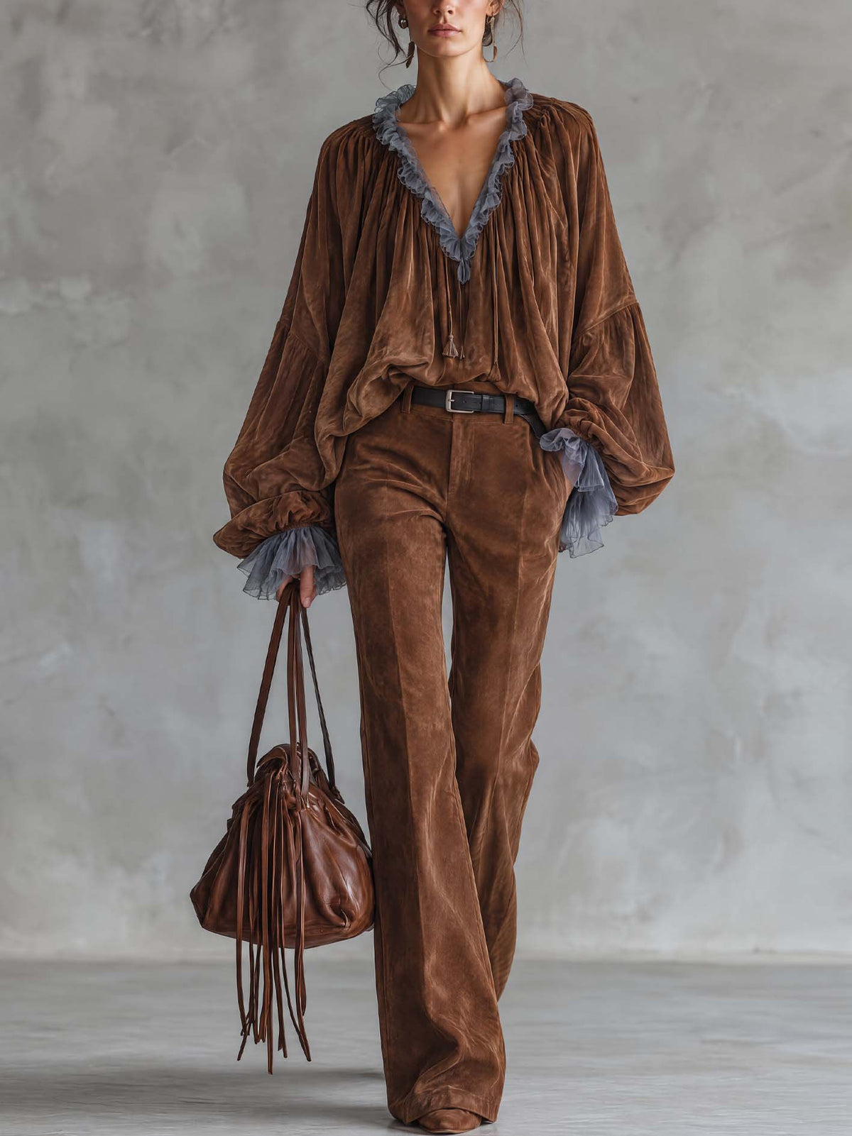 Chocolate Brown Faux Suede Blouse And Trouser Set With Chiffon Ruffle Trim