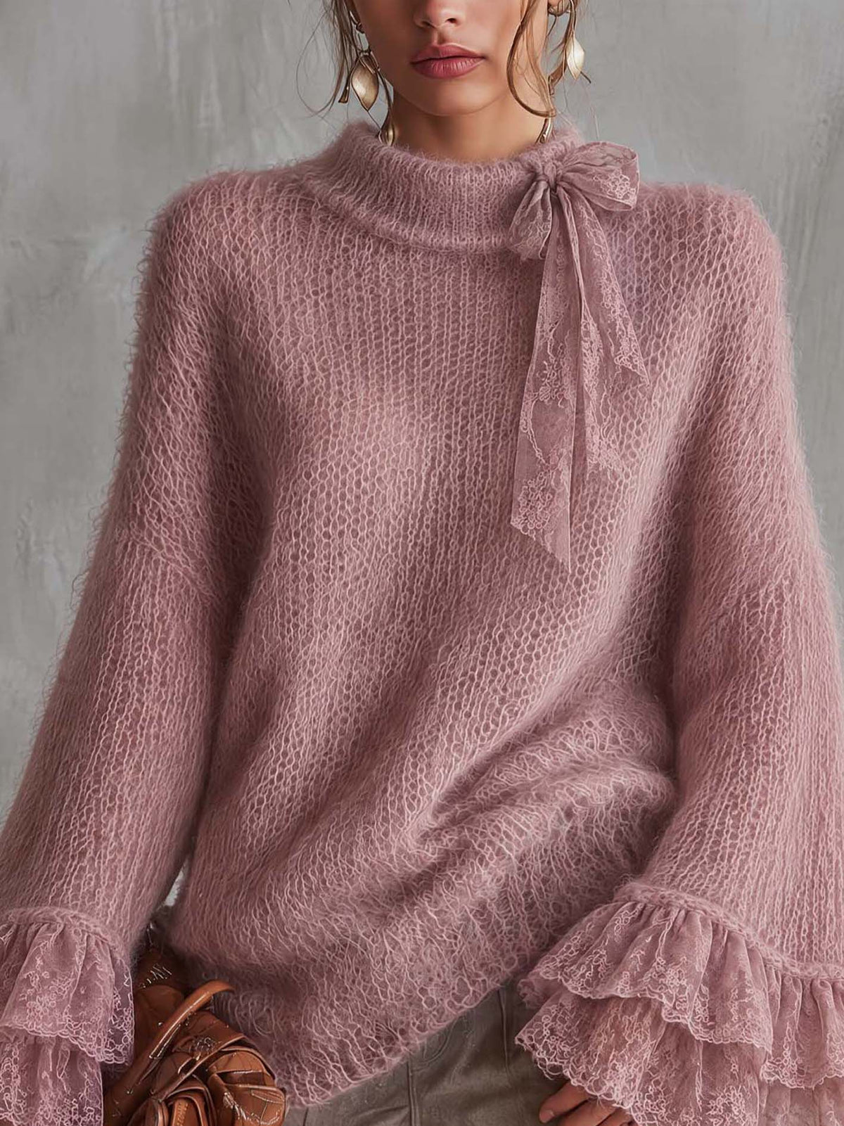 Dusty Rose Fuzzy Mohair Sweater With Sheer Lace Bow And Tiered Ruffle Cuffs