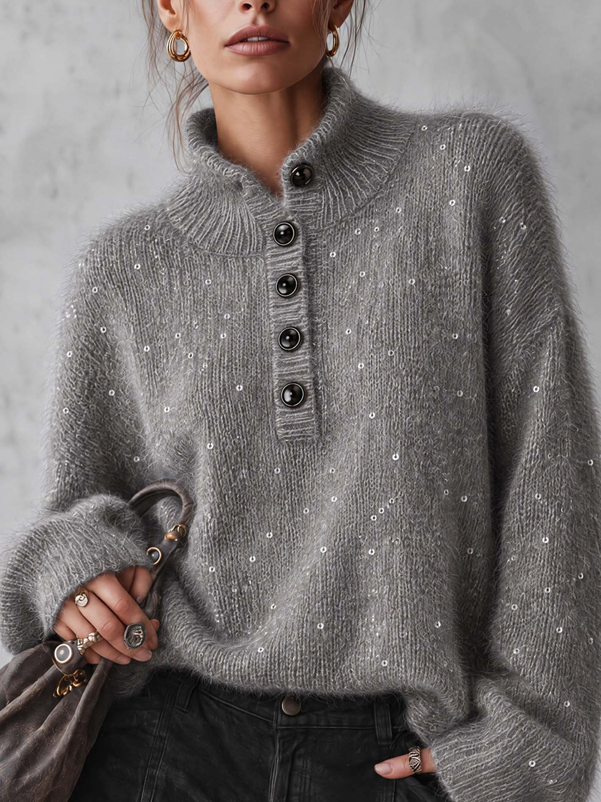 Gray Shimmer Mohair Sweater With Sequin Scatter And Button Placket