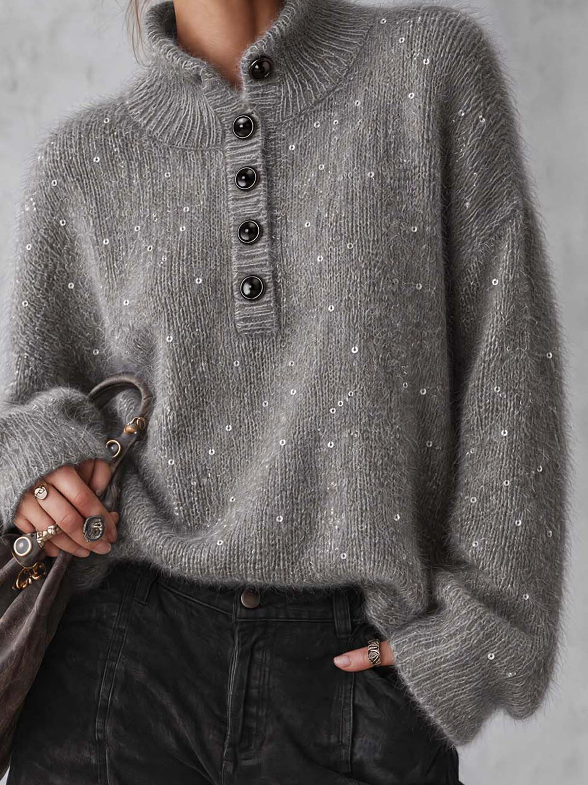 Gray Shimmer Mohair Sweater With Sequin Scatter And Button Placket