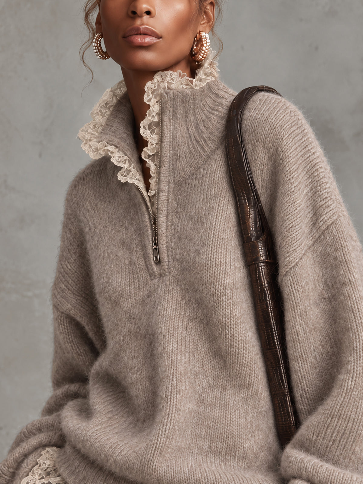 Oatmeal Oversized Half Zip Mohair Sweater With Ivory Lace Trim