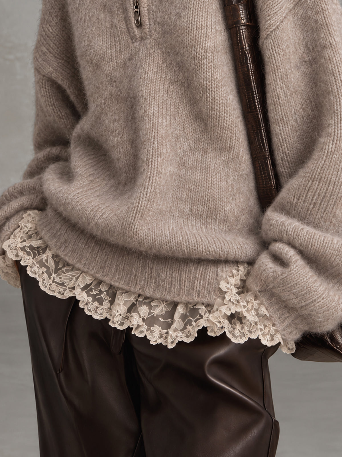 Oatmeal Oversized Half Zip Mohair Sweater With Ivory Lace Trim