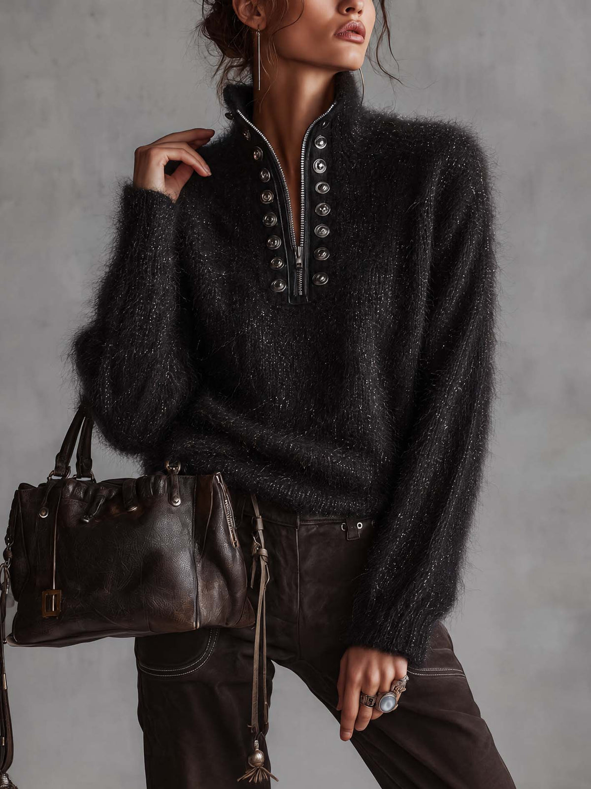 Black Shimmer Mohair Sweater With Half-Zip Placket And Silver Snap Button Trim