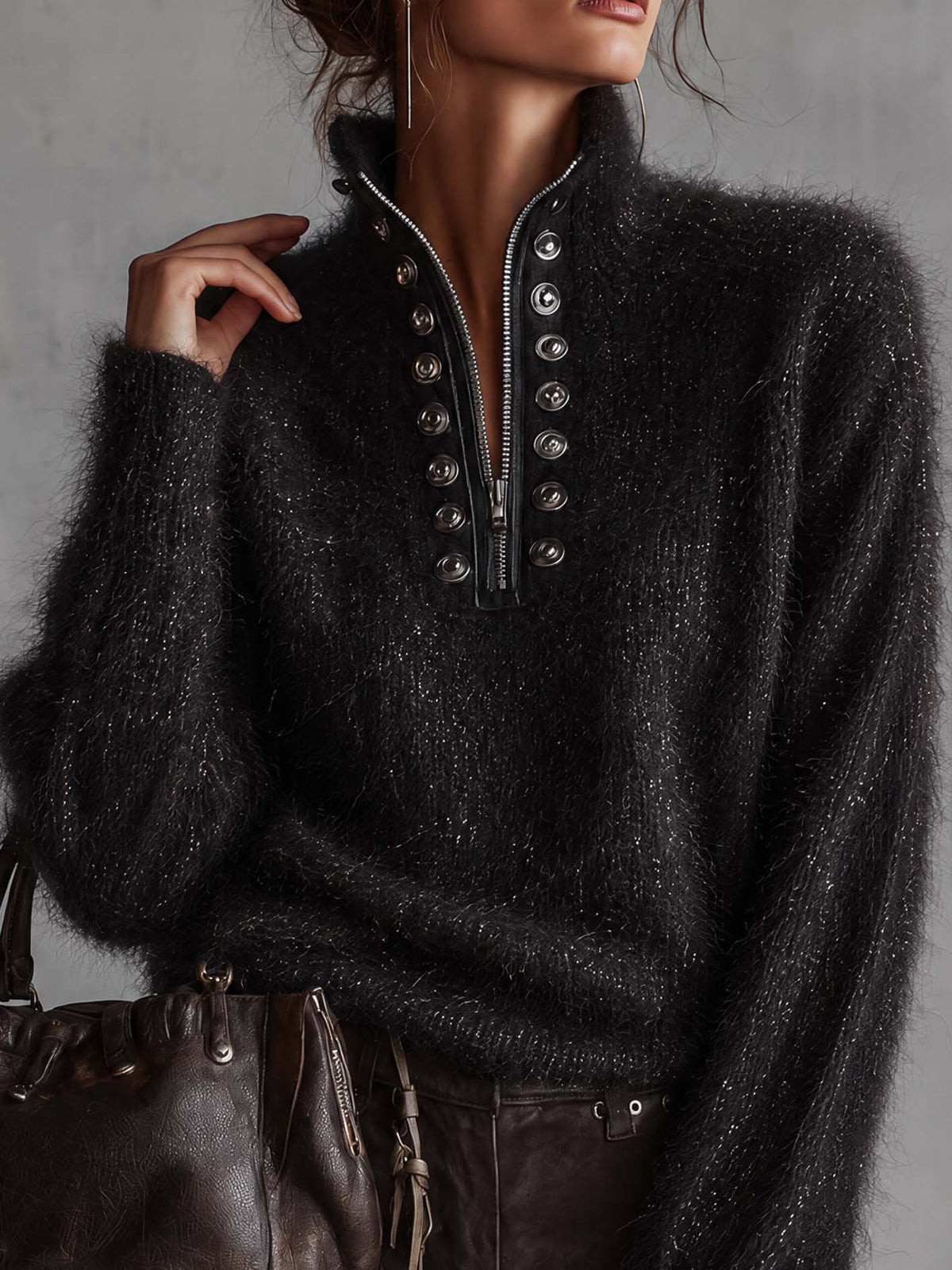 Black Shimmer Mohair Sweater With Half-Zip Placket And Silver Snap Button Trim
