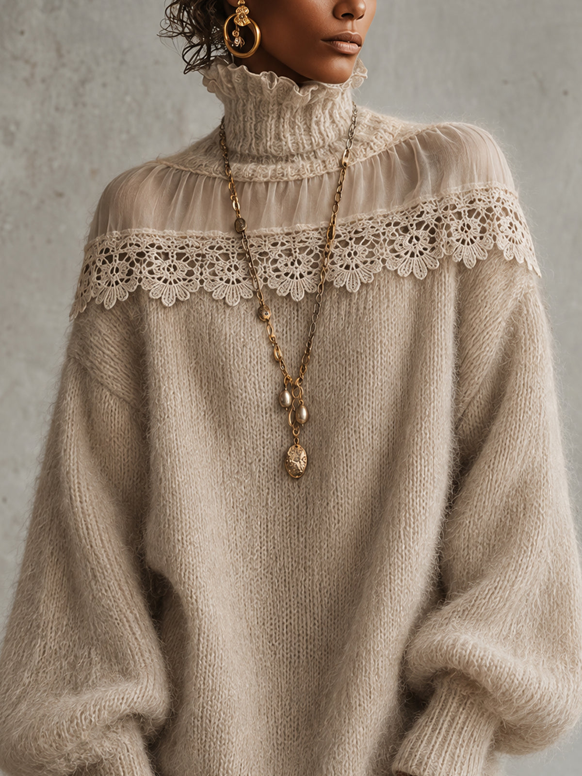 Cream Oversized Turtleneck Mohair Knit Mini Dress With Chiffon And Crochet Lace Yoke