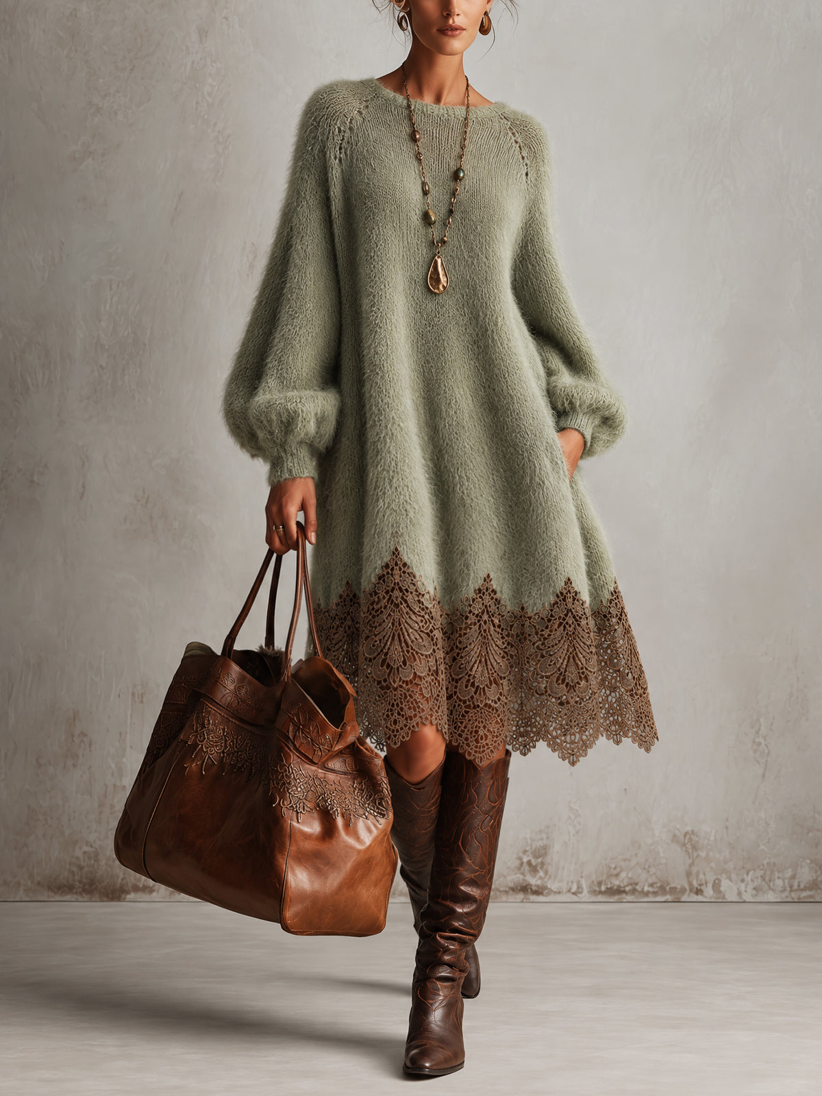 Sage Green Oversized Faux Mink Knit Midi Dress With Brown Lace Hem