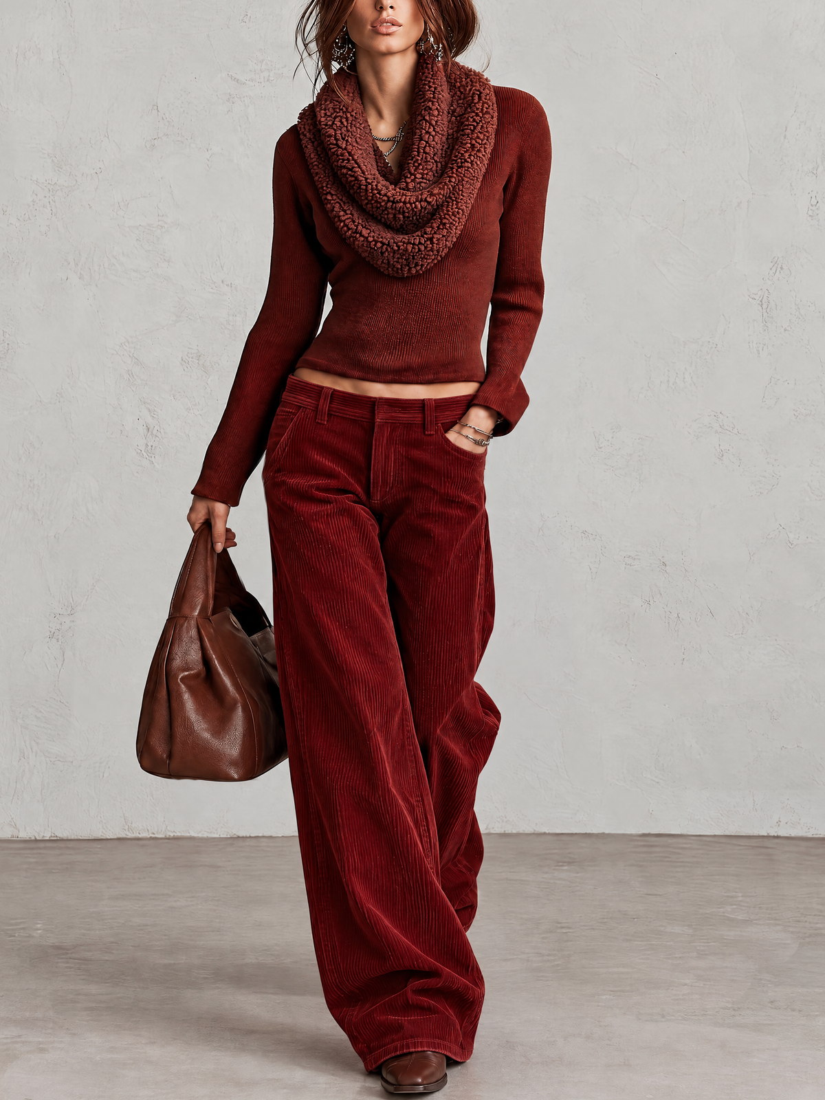 Rust Teddy Fleece Cowl Neck Knit Top With Corduroy Wide Leg Pants Set