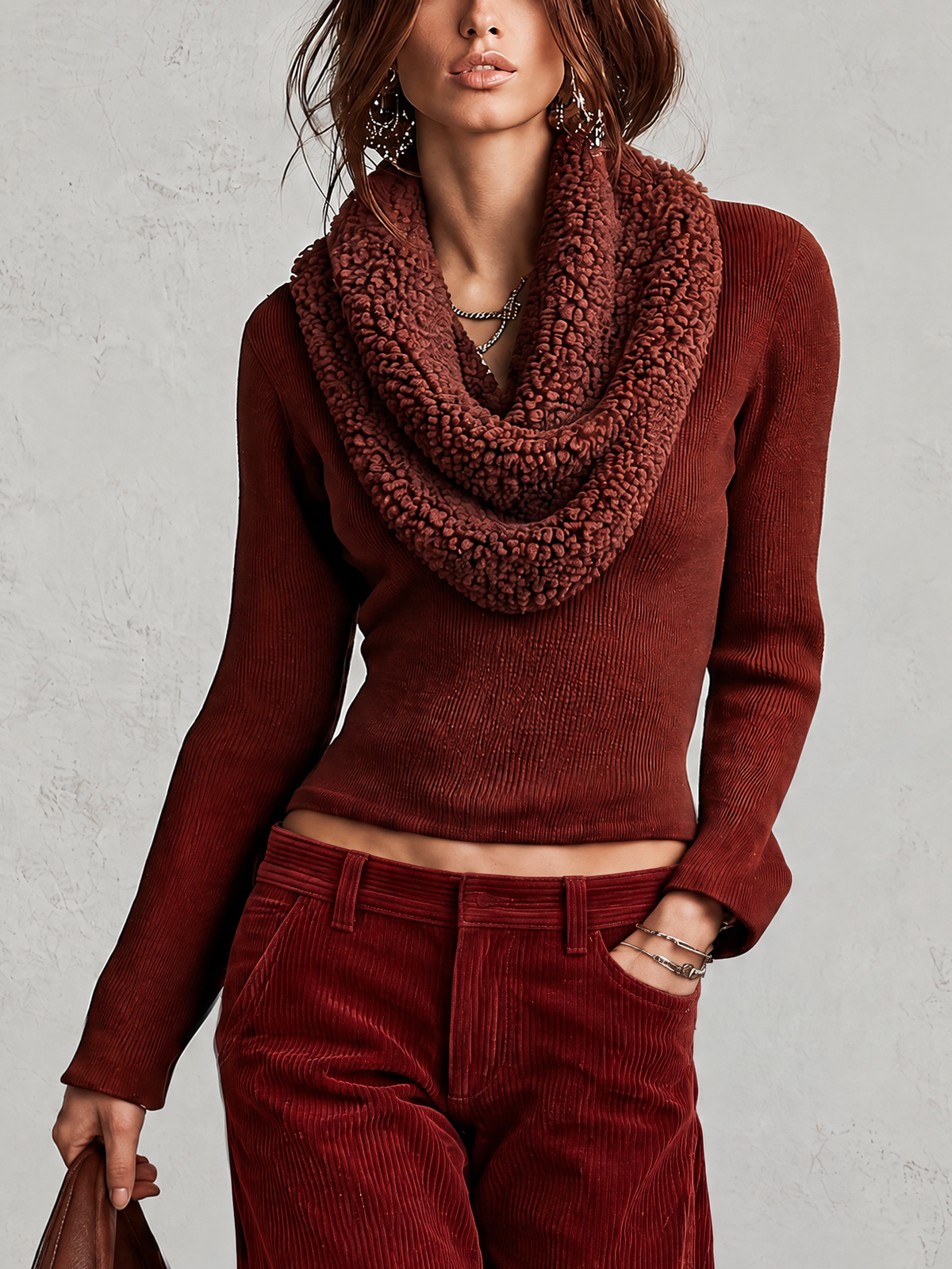 Rust Teddy Fleece Cowl Neck Knit Top With Corduroy Wide Leg Pants Set