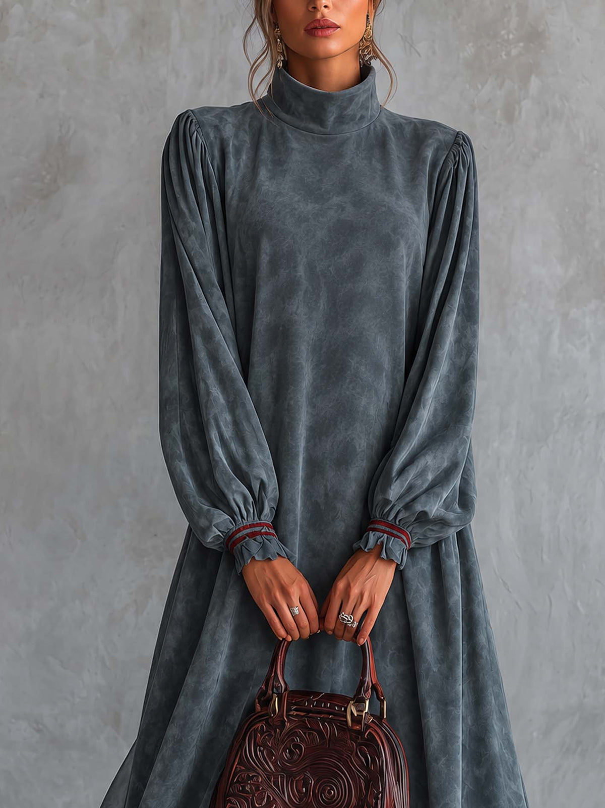Washed Slate Gray Faux Suede Maxi Dress With Tiered Ruffle Hem And Balloon Sleeves