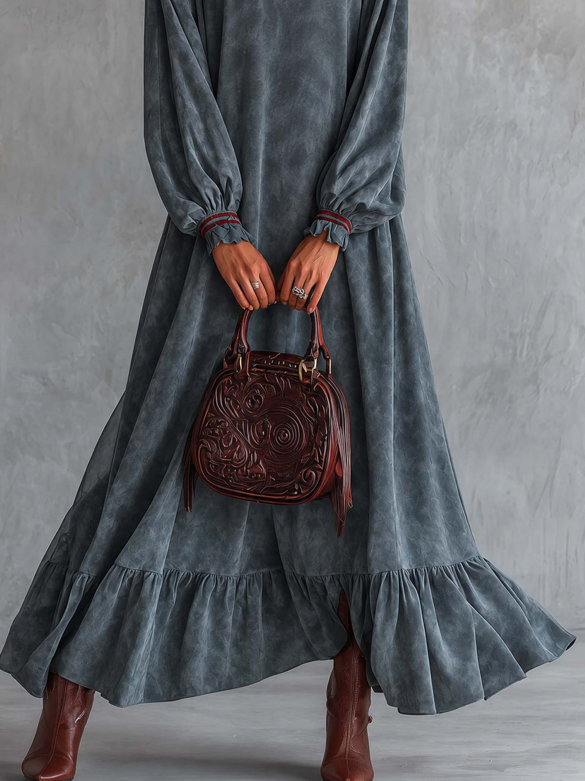 Washed Slate Gray Faux Suede Maxi Dress With Tiered Ruffle Hem And Balloon Sleeves