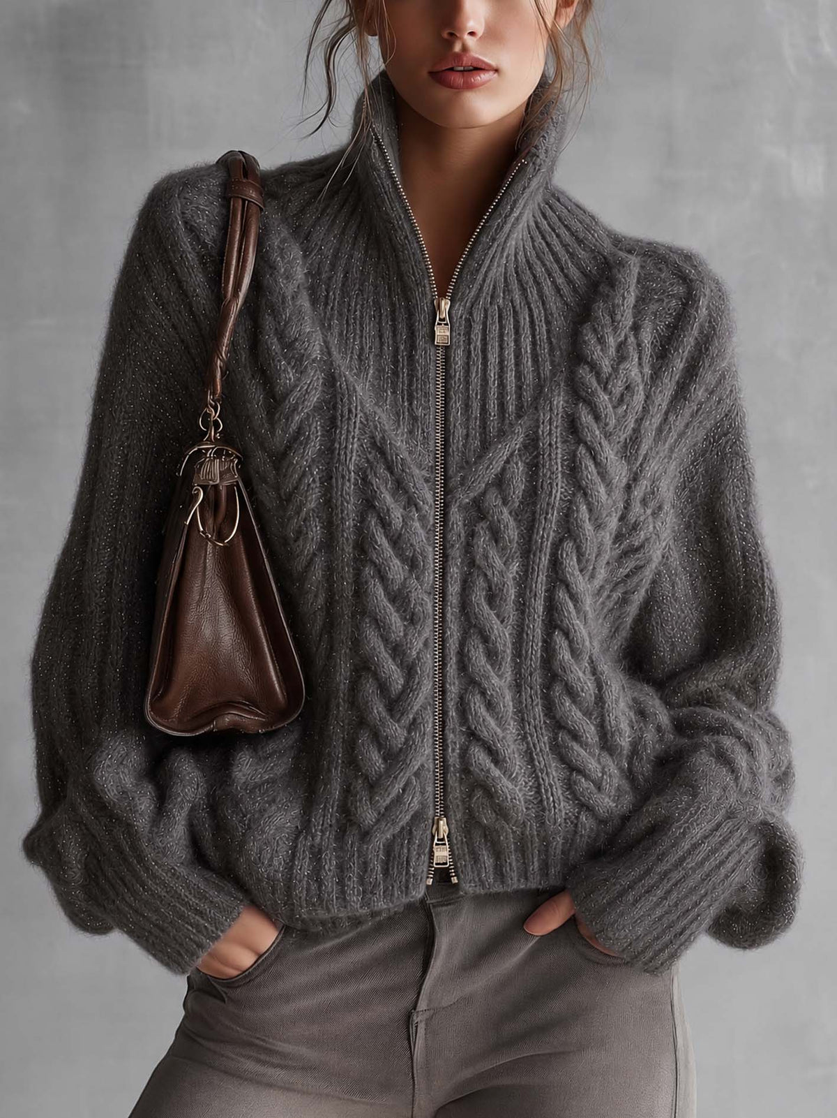 Charcoal Gray Shimmer Cable Knit Zip-Up Sweater With Two-Way Zipper