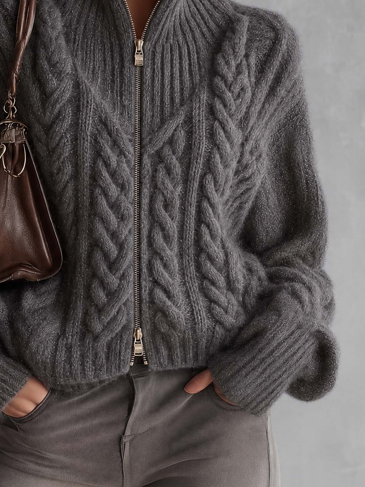 Charcoal Gray Shimmer Cable Knit Zip-Up Sweater With Two-Way Zipper