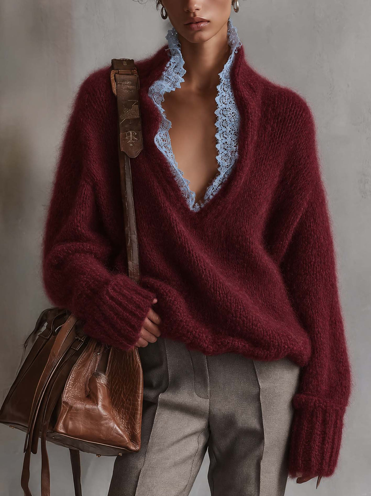 Burgundy Fuzzy Mohair Sweater With Blue Lace-Trimmed Plunge Neckline
