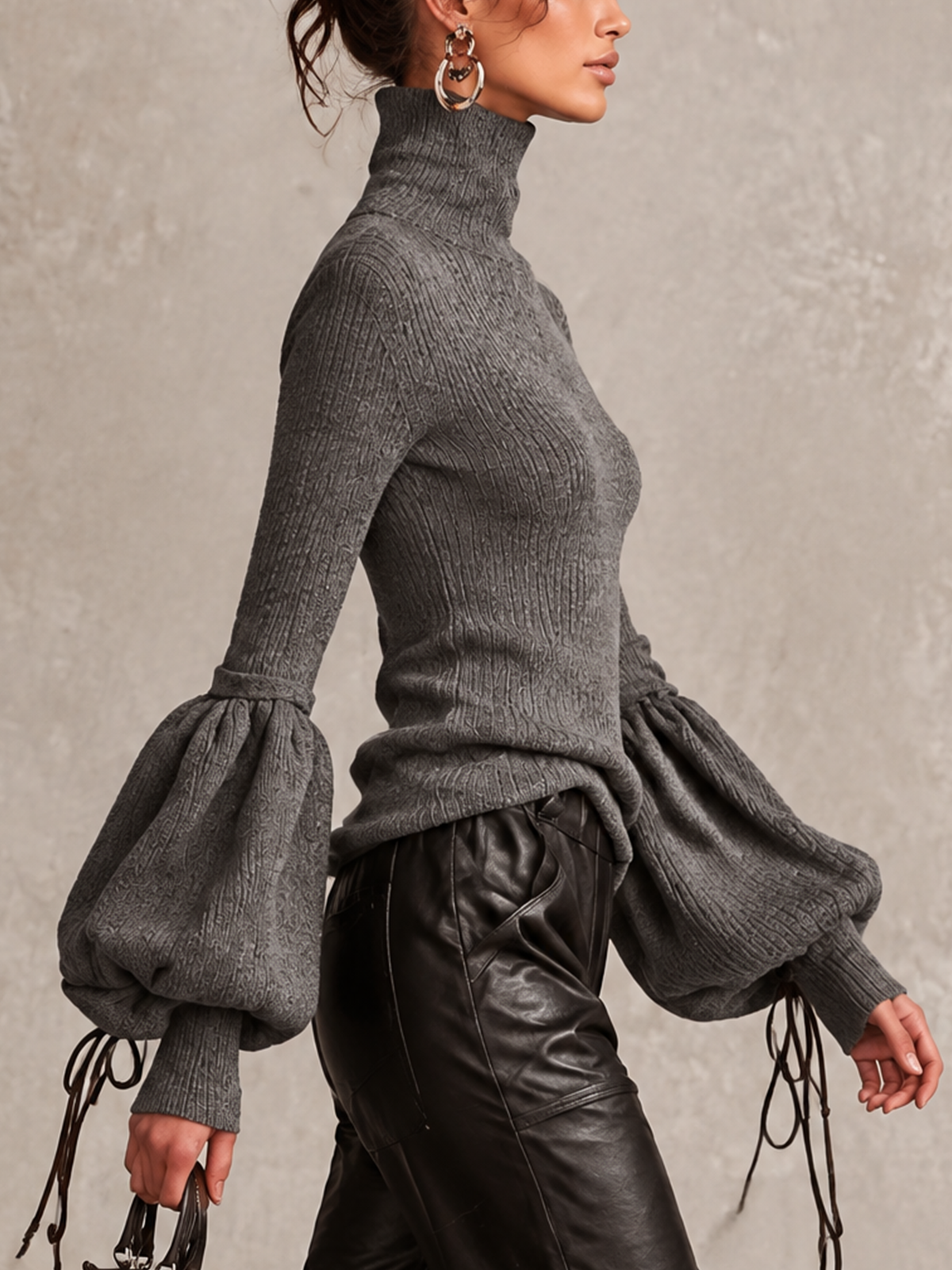 Heather Grey Ribbed Turtleneck Sweater With Gathered Bubble Sleeves