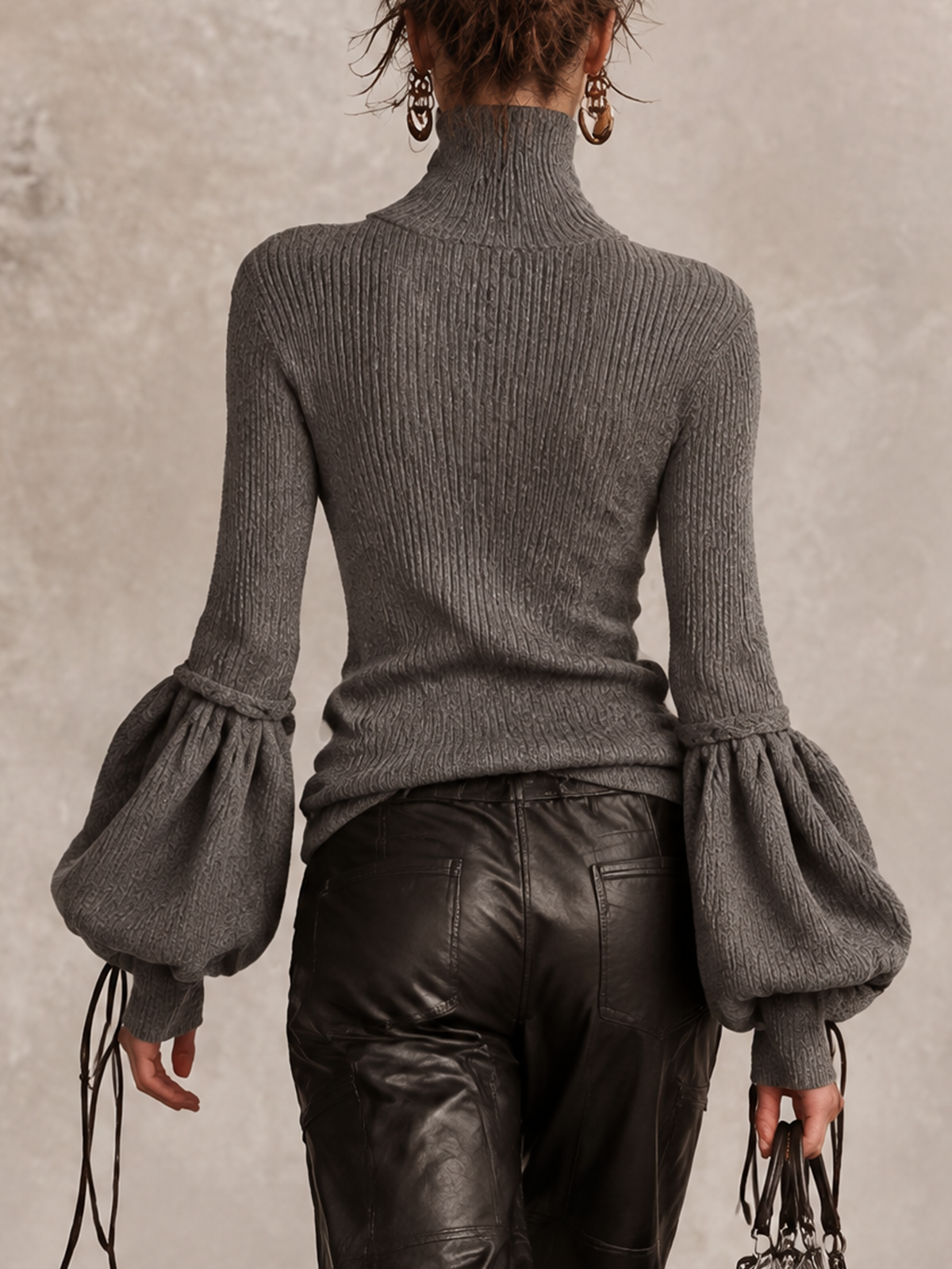 Heather Grey Ribbed Turtleneck Sweater With Gathered Bubble Sleeves