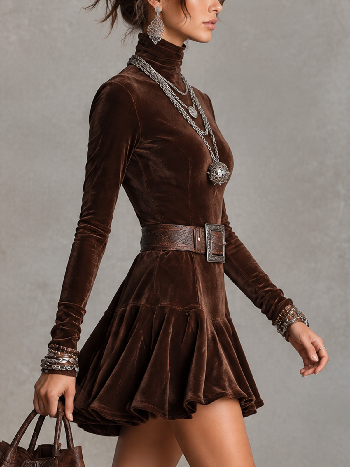 Chocolate Brown Velvet Turtleneck Long Sleeve Mini Dress