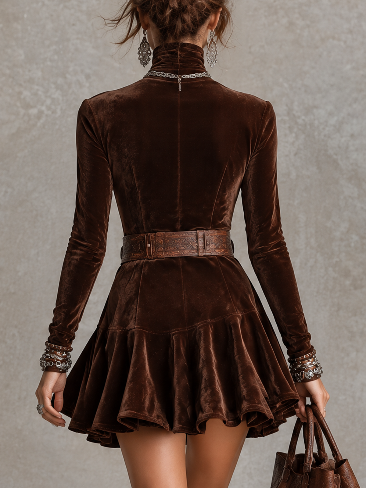 Chocolate Brown Velvet Turtleneck Long Sleeve Mini Dress