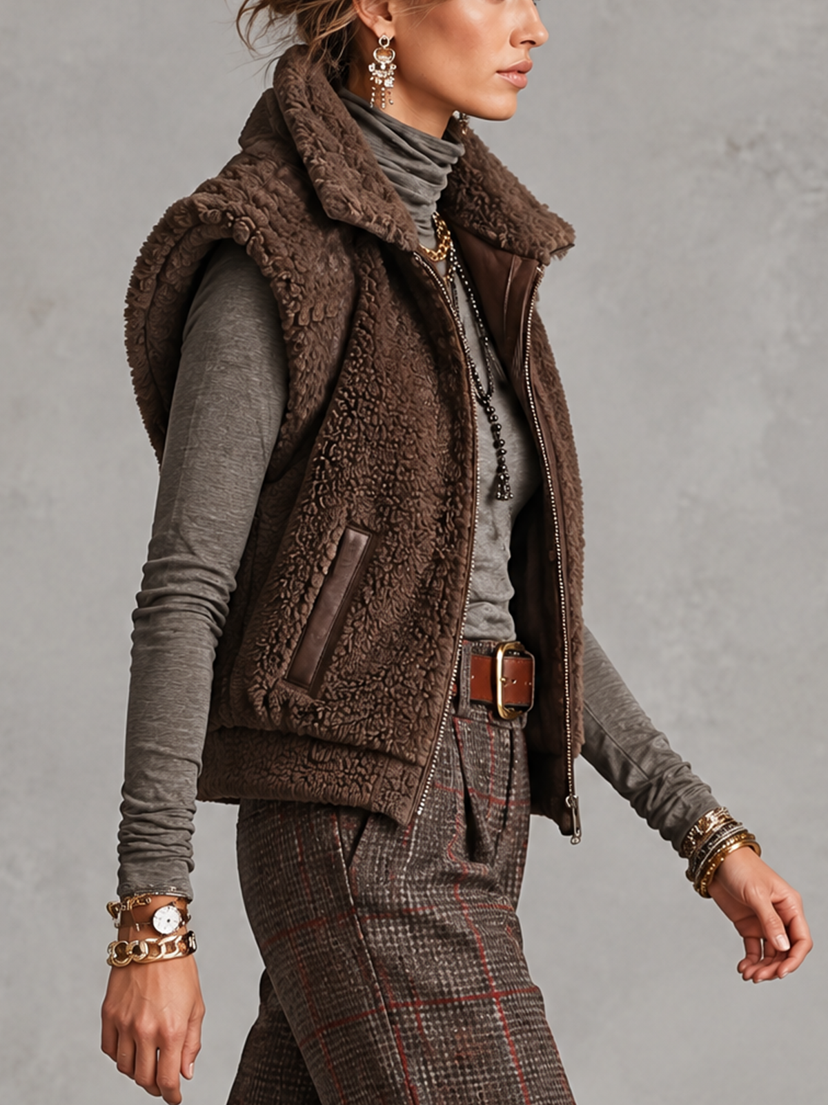 Brown Shearling Fleece Collared Zip Vest